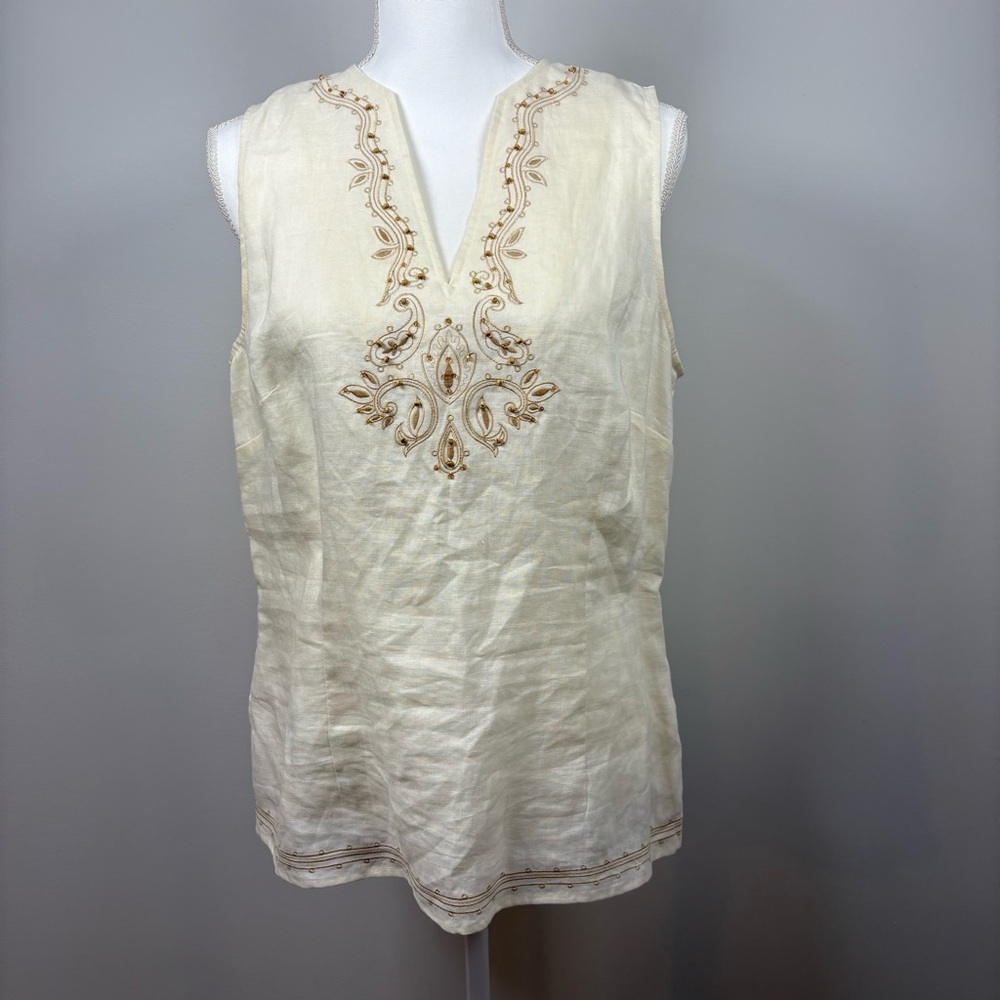 Josephine Chaus Linen Embroidered Tunic Top Ivory Boho Resort Size 12